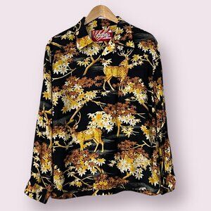 Houston Japan Rayon Shirt Large Stag Deer Print Autumn Maple Leaves Black Aloha
